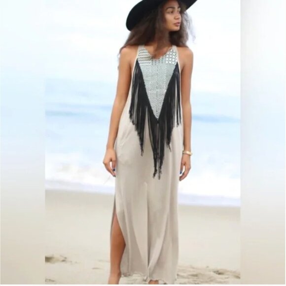 ZHENNYMPH ZHEN NYMPH Tan Black Fringe Tribal Racerback Dreamcatcher Dress S M - Picture 1 of 16